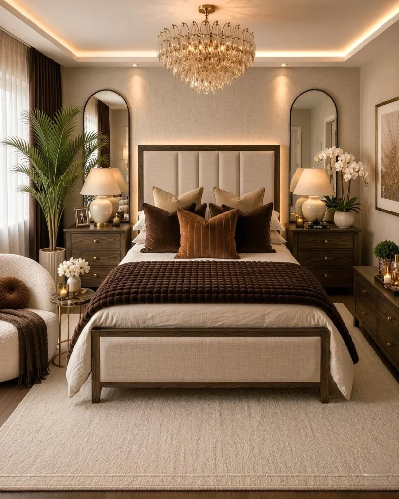 1. Symmetrical Bedroom with Arched Mirrors and a Crystal Chandelier