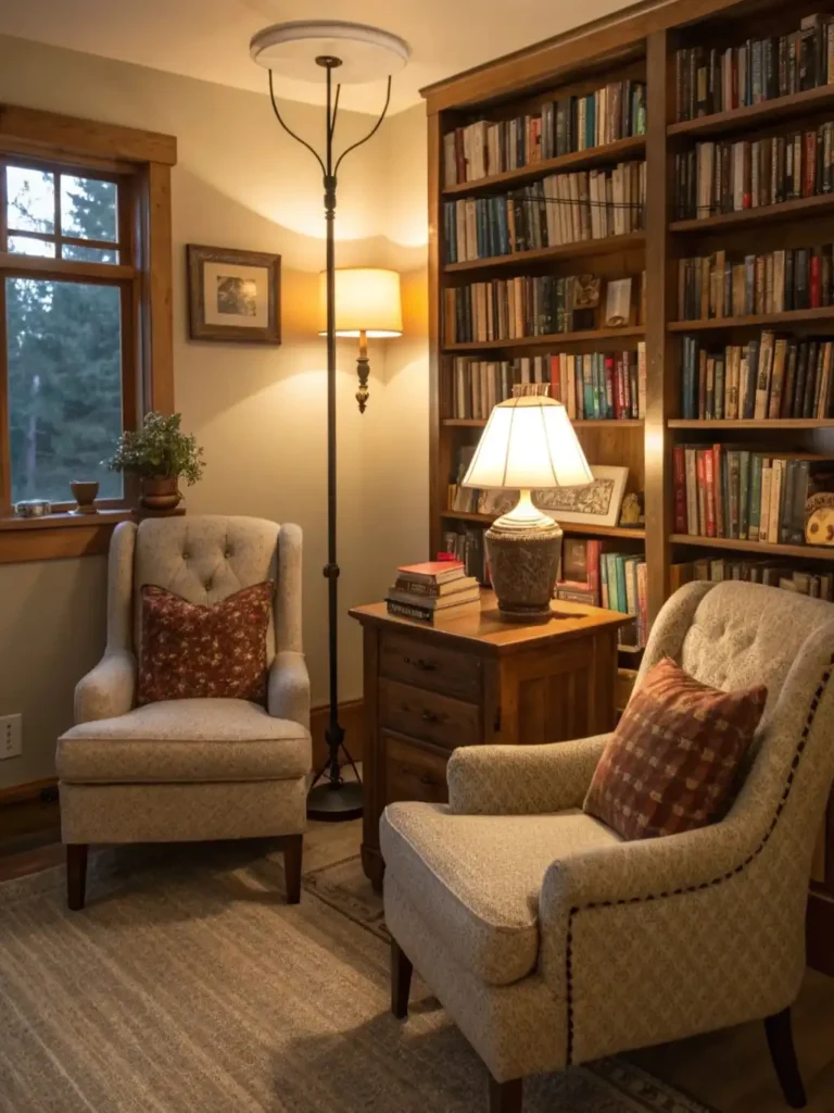 1. Wingback Chairs by a Floor to Ceiling Bookshelf