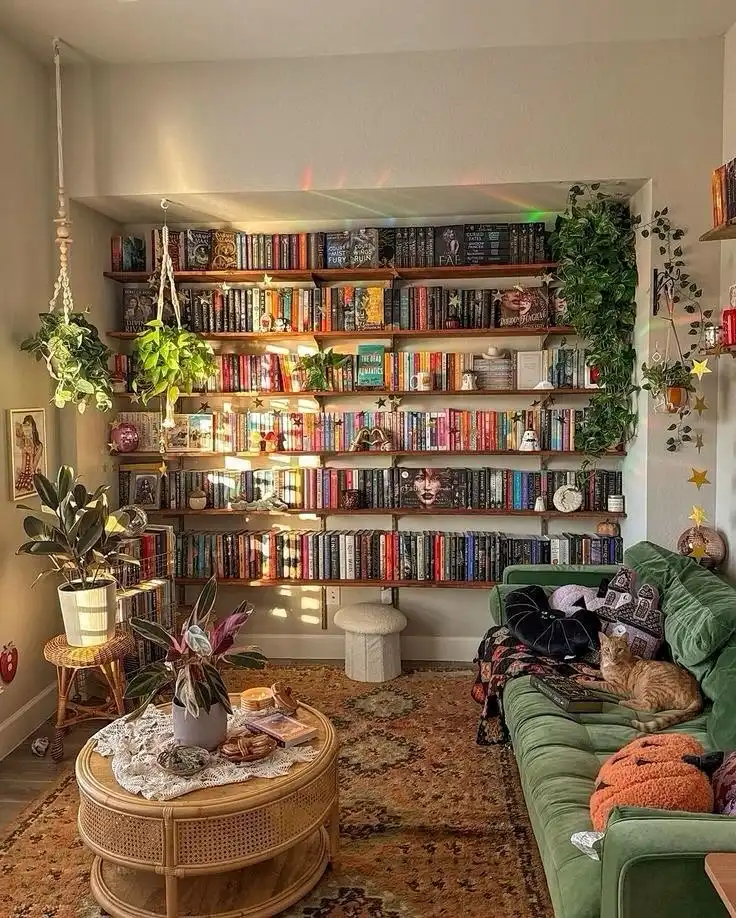 10. Alcove Bookshelf with Hanging Plants and Green Sofa