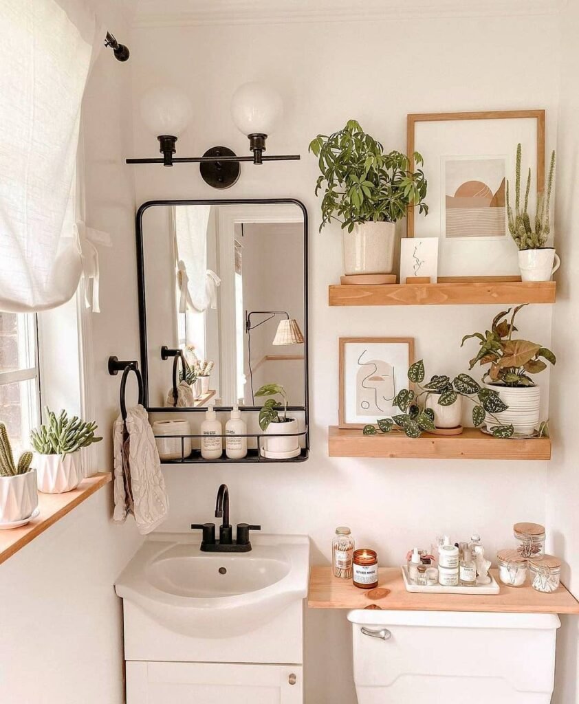 10. Black Framed Mirror with Built In Shelf