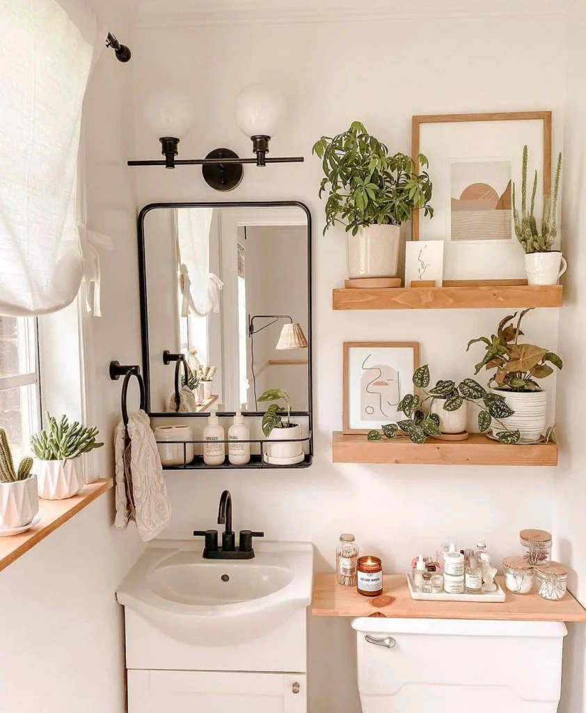 10. Black Framed Mirror with Built In Shelf
