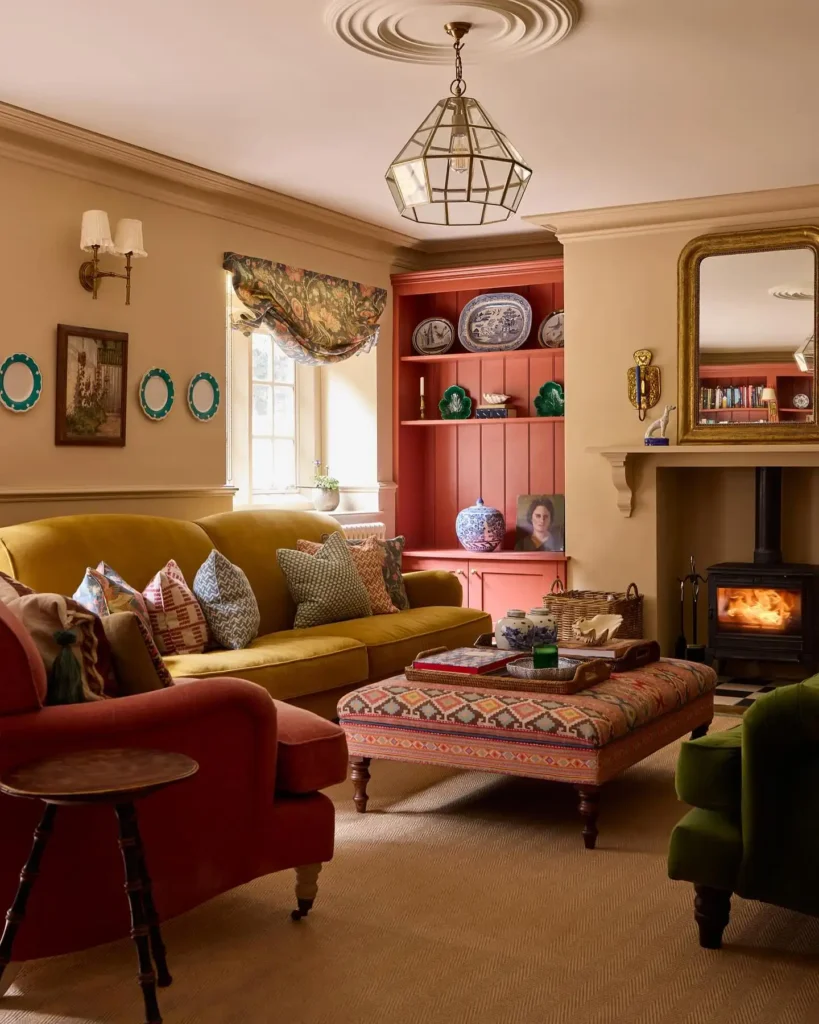 10. Coral Built In Nook with a Wood Stove Fireplace