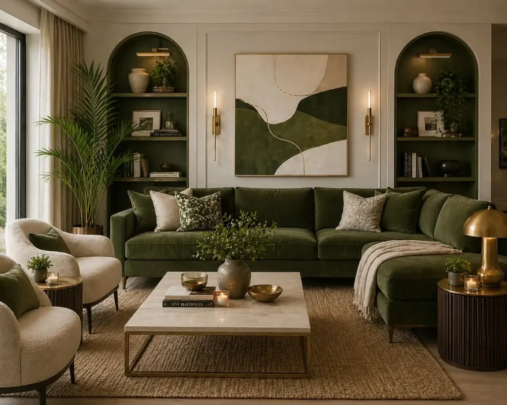 10. Dark Green Velvet Sectional With Arched Alcoves