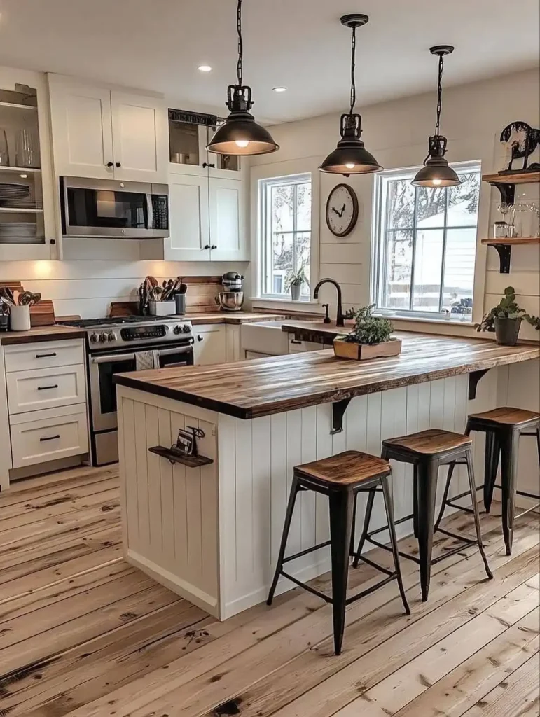 10. Farmhouse Kitchen With Wood Plank Island