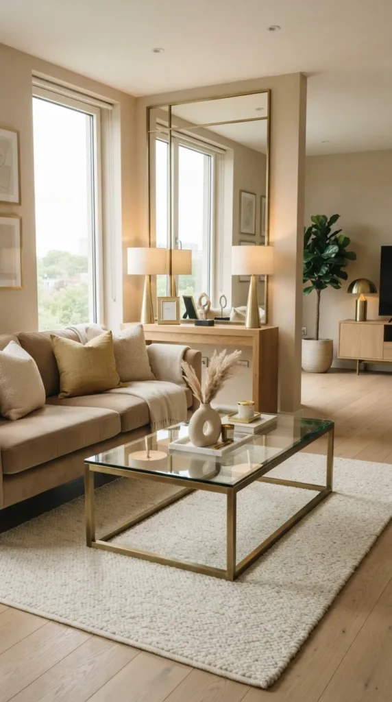 10. Introduce Metallic Finishes for Refined Beige Living Room Decor 10 clean