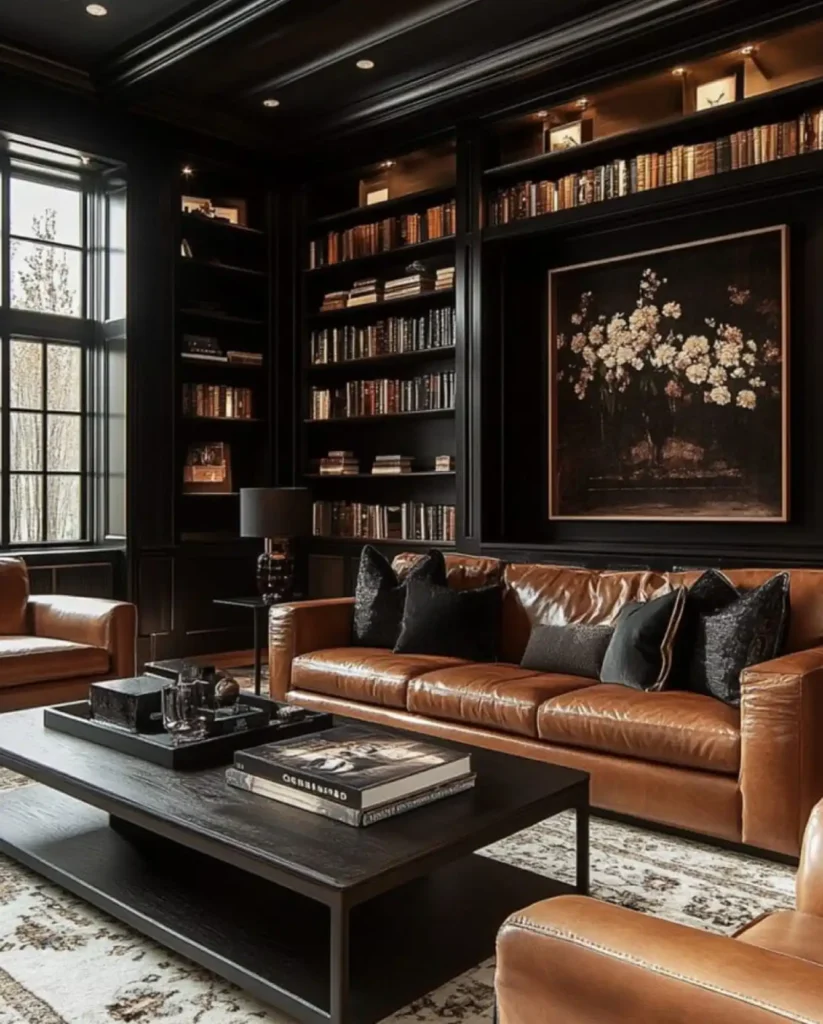 10. Moody Black Library with Cognac Leather Sofas