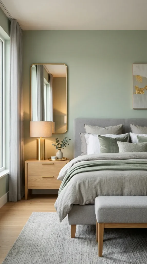 11. Light Green and Grey Bedroom Ideas with Gold Details