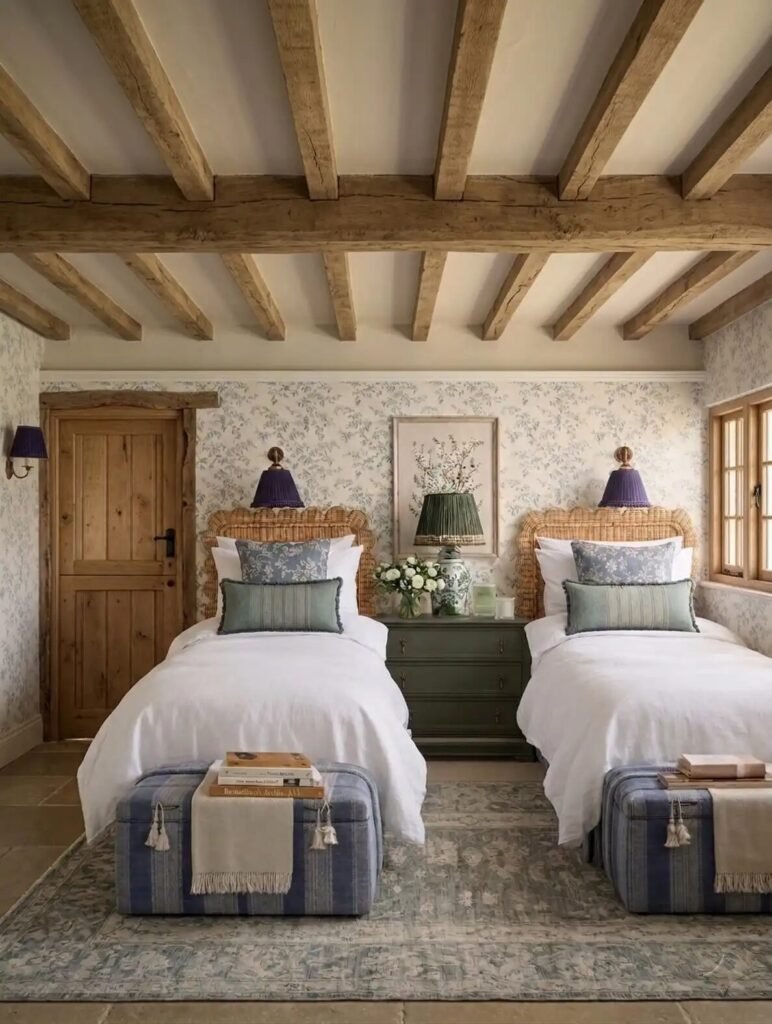 11. Twin Rattan Beds Under a Beamed Ceiling clean