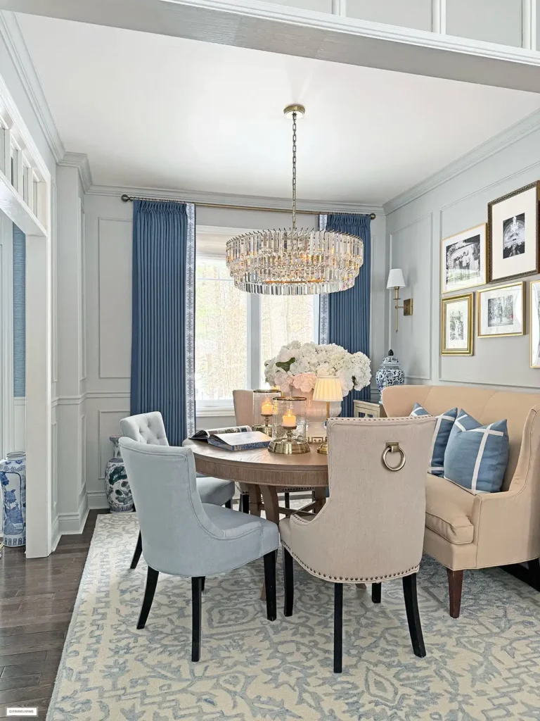 12. Blue and Beige Mixed Seating with Crystal Chandelier