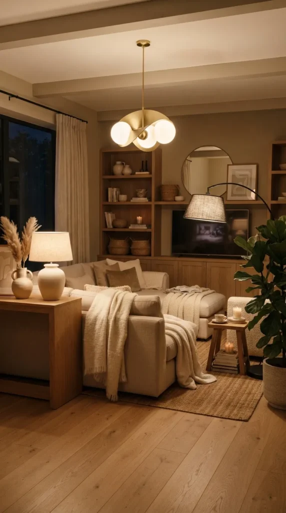 12. Create Depth Through Layered Lighting in Beige Living Room Decor clean