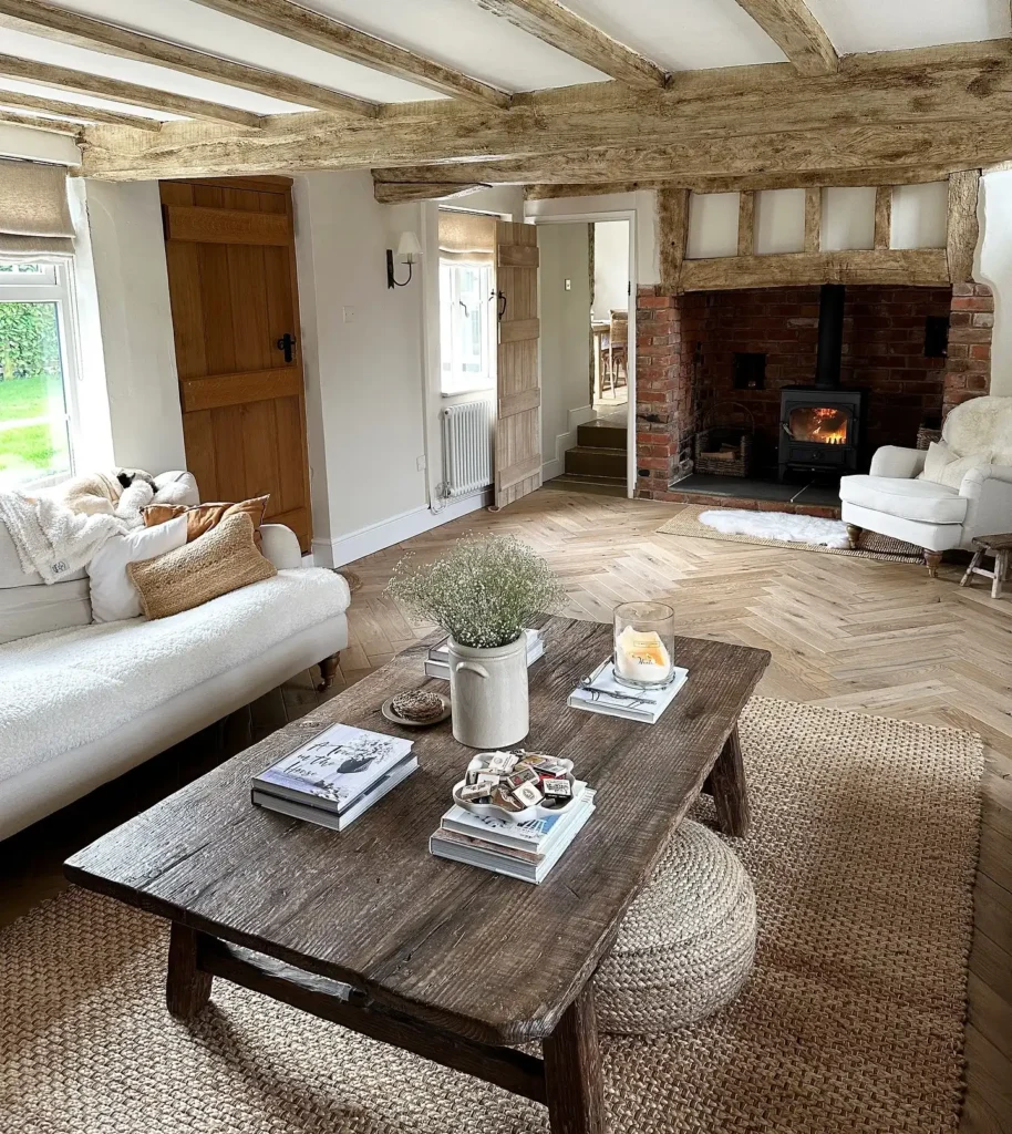 12. Exposed Timber Frame Room with a Brick Fireplace