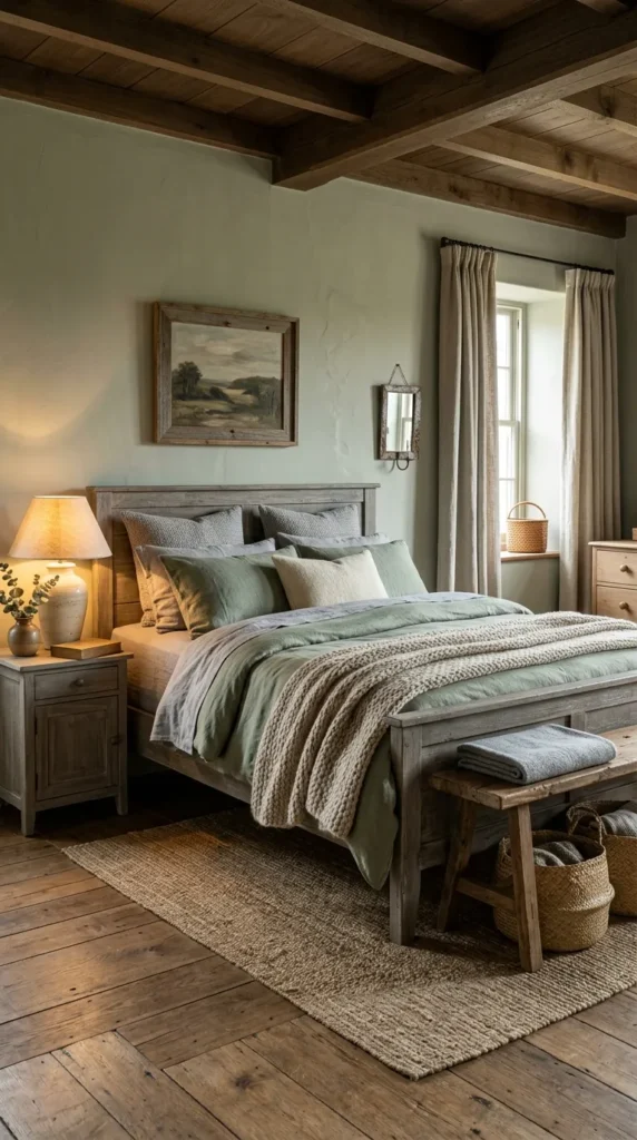 12. Farmhouse Light Green and Grey Bedroom Ideas