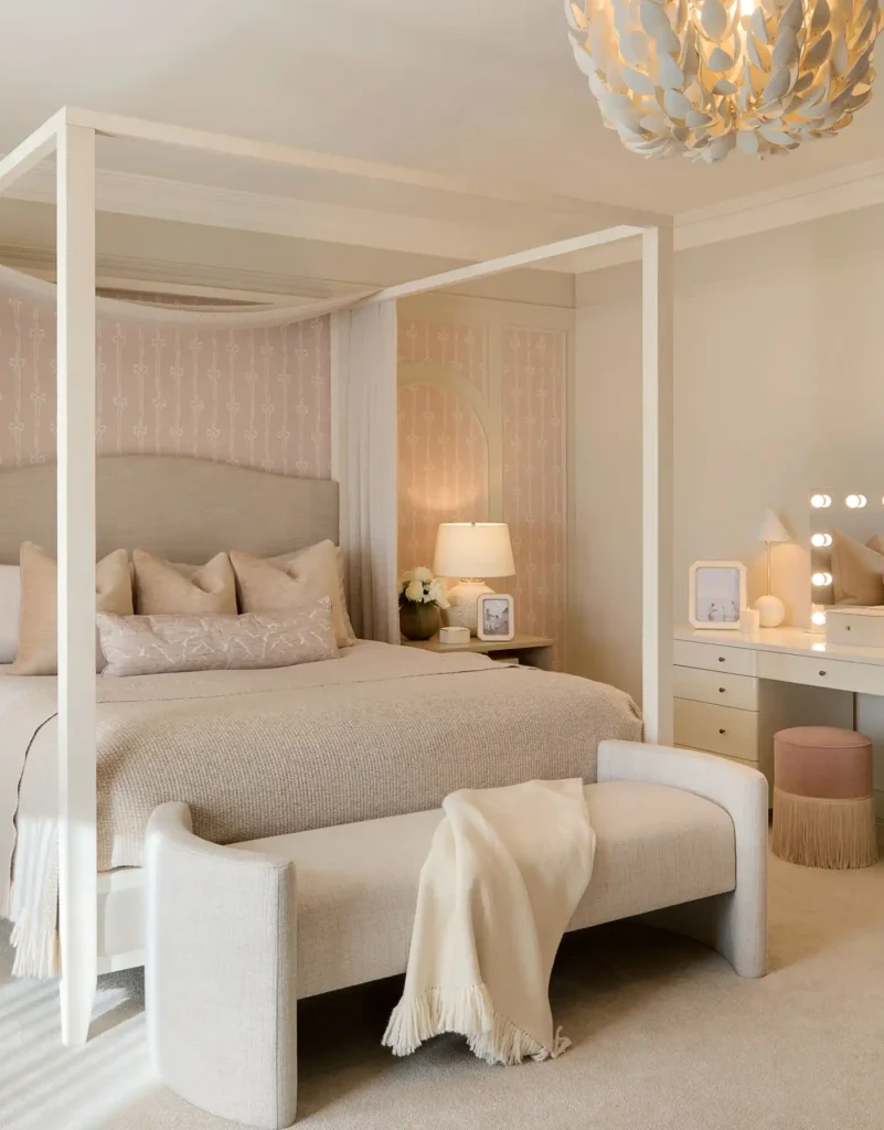 12 Teen Girl Bedroom Aesthetics to Copy You'll Love 13 12. Modern Canopy Bed with Vanity Corner