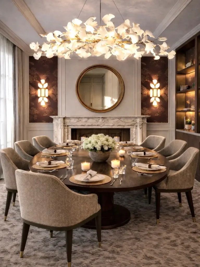 12. Round Table With Marble Fireplace Backdrop