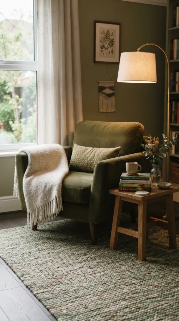 13. Build a Cozy Reading Corner With Earthy Green Details clean