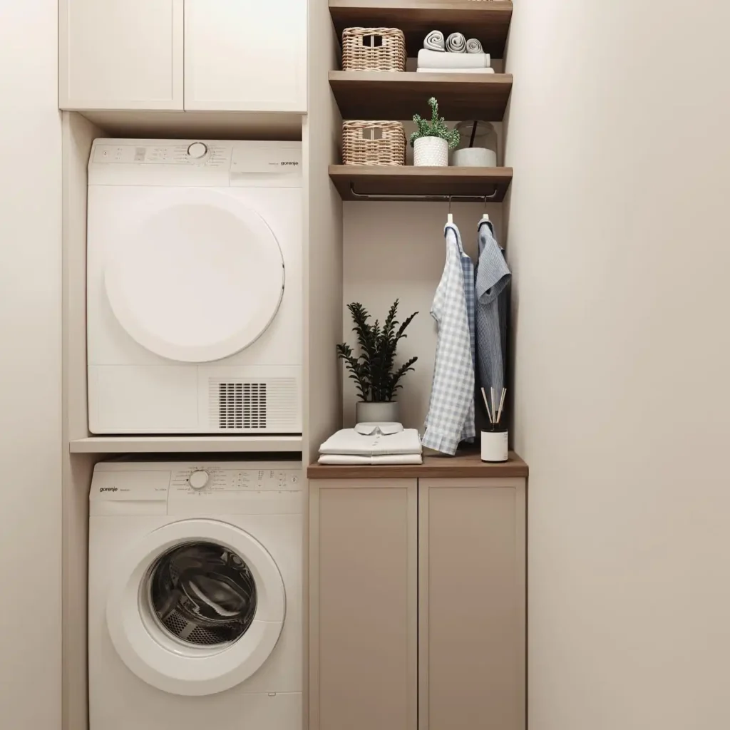 13. Open Wardrobe Nook Beside Stacked Gorenje Machines