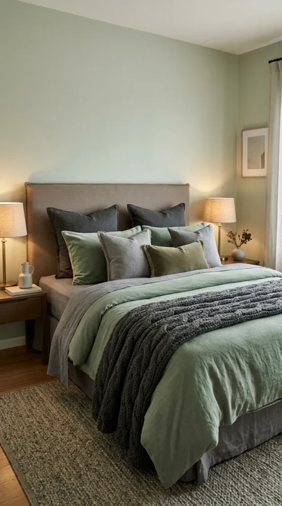13. Soft Green and Grey Bedroom Ideas with Layered Bedding