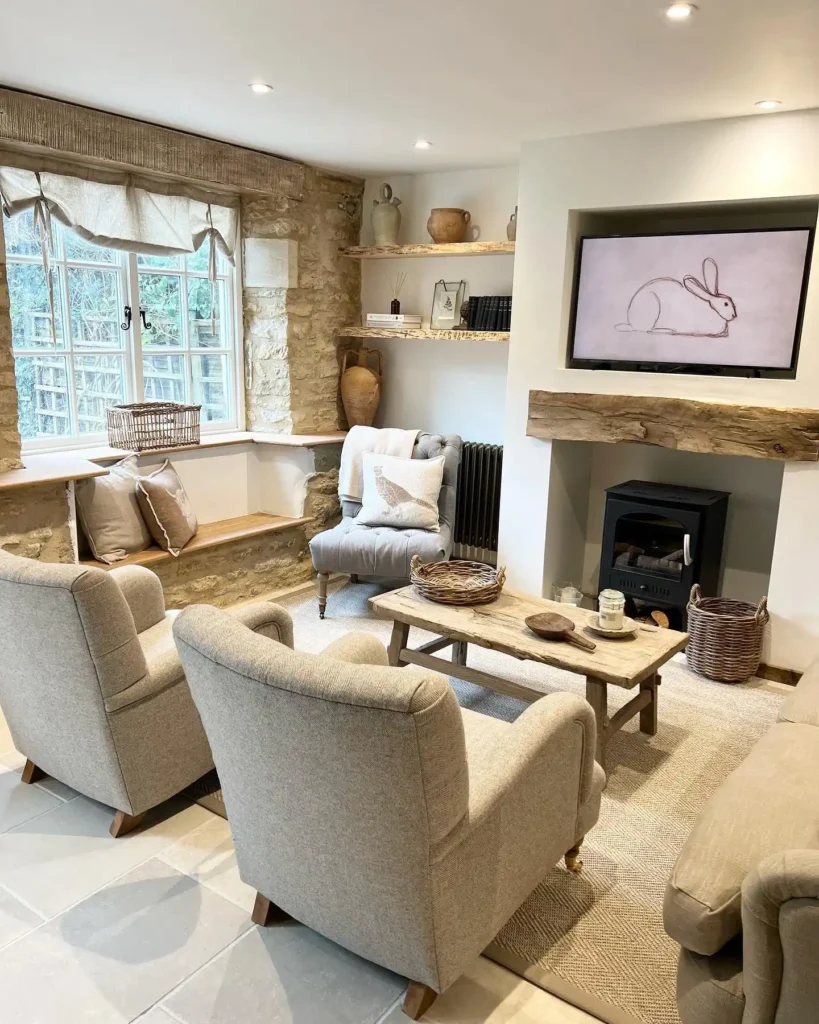 13. Stone Alcove Living Room with a Built In Window Seat