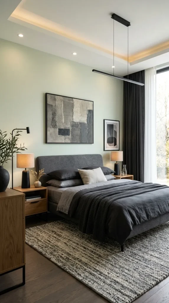 14. Dark Grey and Light Green Bedroom Ideas for Contrast