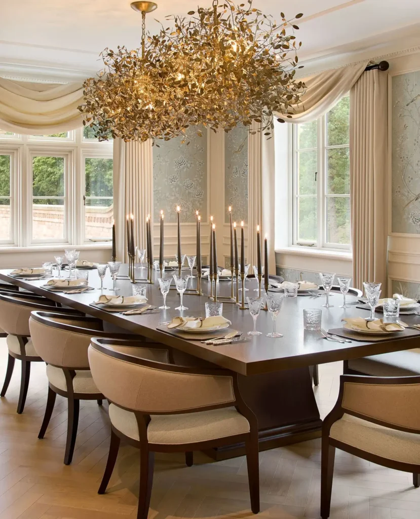 14. Long Table With Golden Leaf Chandelier