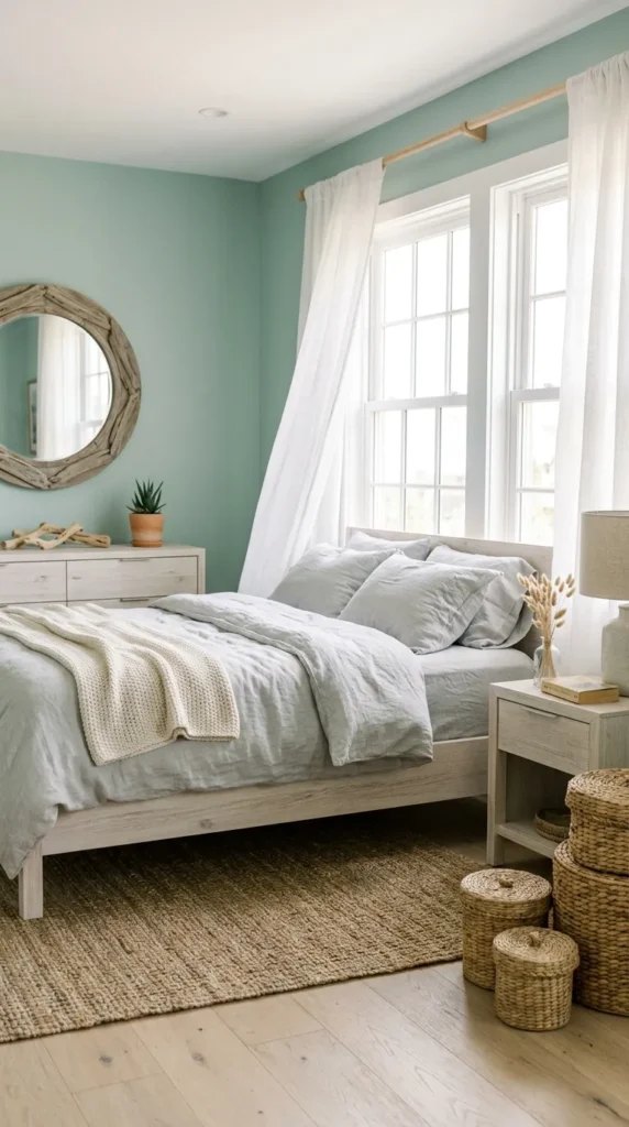15. Coastal Light Green and Grey Bedroom Ideas