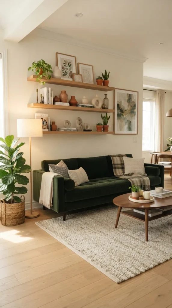 15. Style Shelves with Balanced Decorative Pieces clean