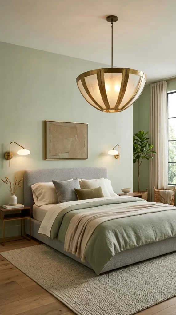 16. Light Green and Grey Bedroom Ideas with Statement Lighting