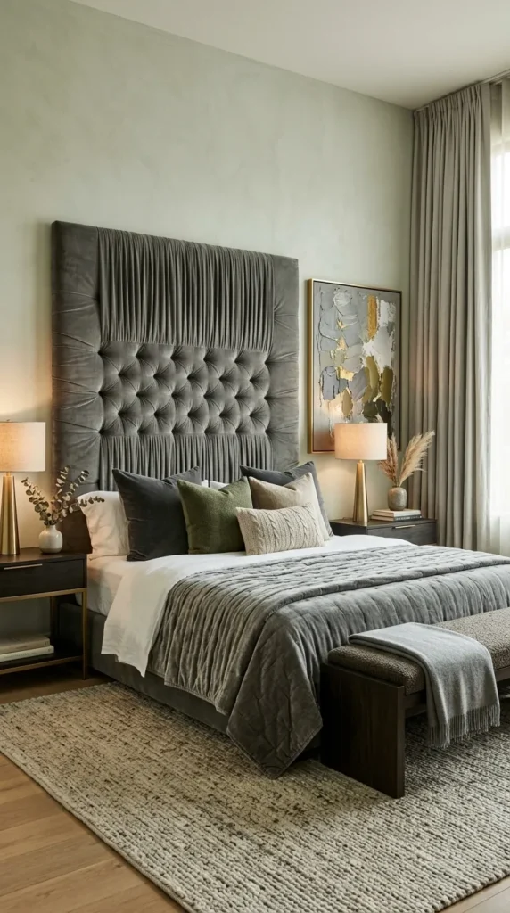 17. Luxury Light Green and Grey Bedroom Ideas with Textured Decor