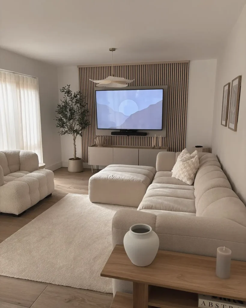 2. Boucle Sectional With Wood Slat Wall