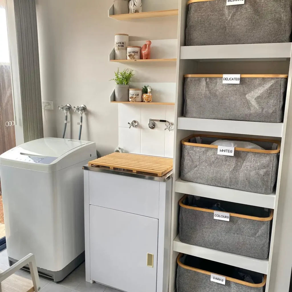 2. Labeled Fabric Basket Shelving