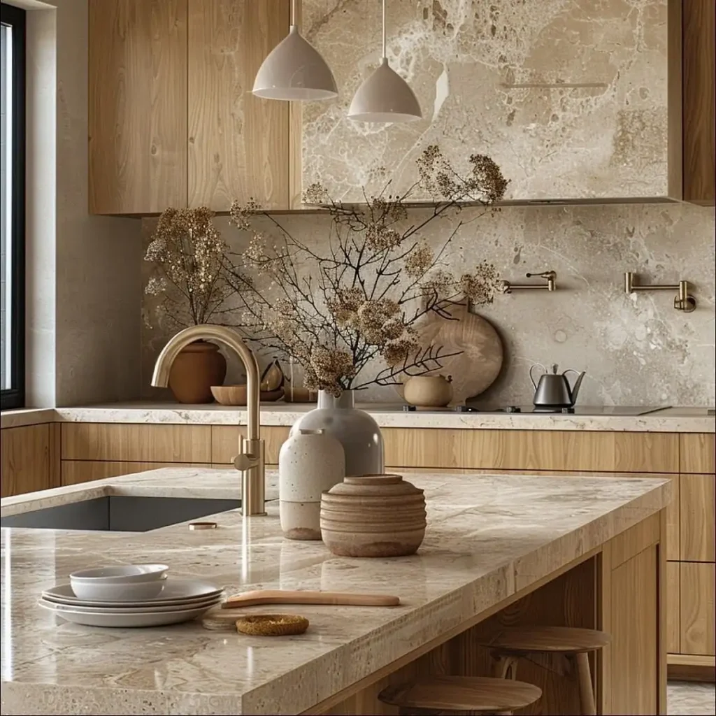 2. Marble and Wood Kitchen Island