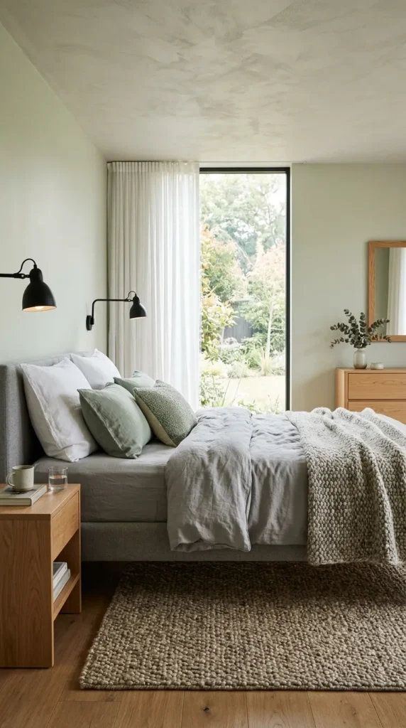 2. Minimalist Light Green and Grey Bedroom Ideas with Soft Textures clean