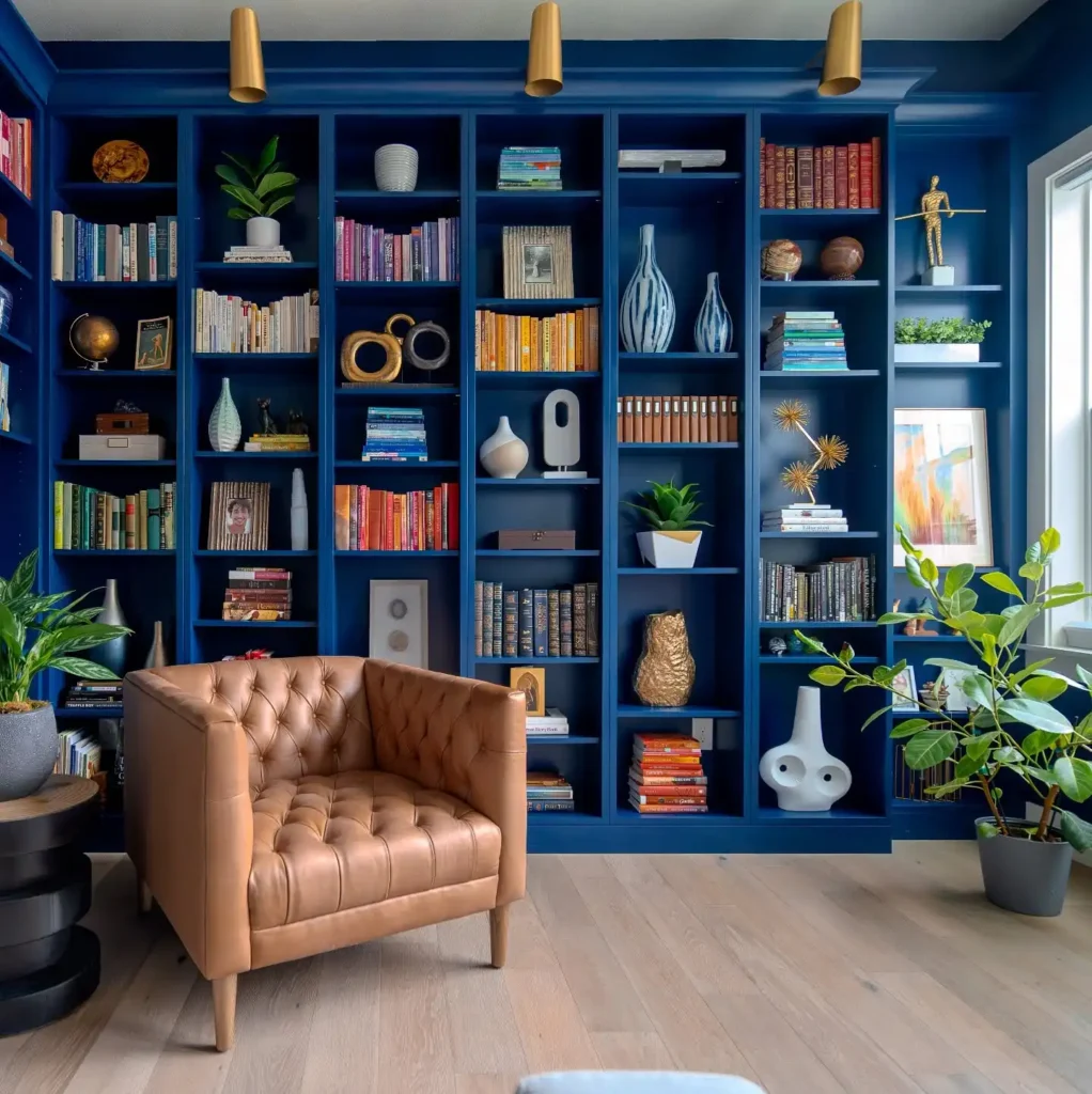 2. Navy Built In Shelving with a Tufted Leather Chair