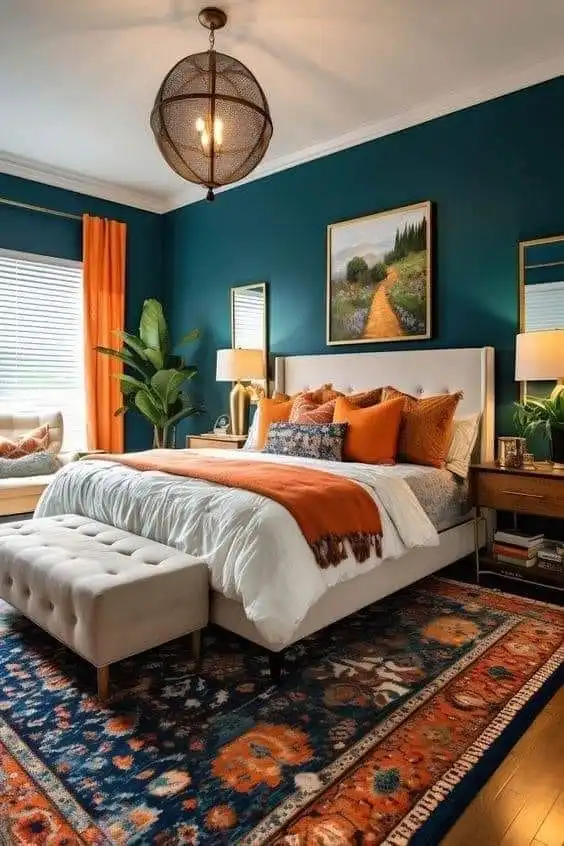 2. Teal and Orange Statement Bedroom
