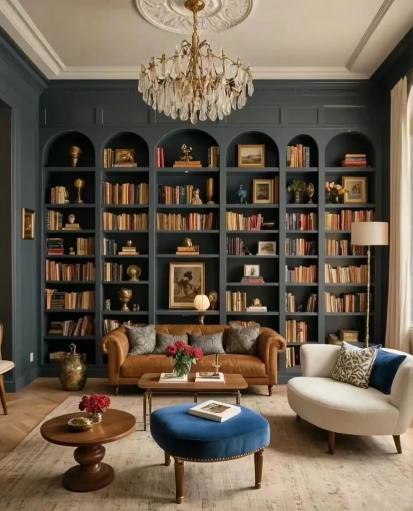 3. Arched Bookshelves with a Crystal Chandelier