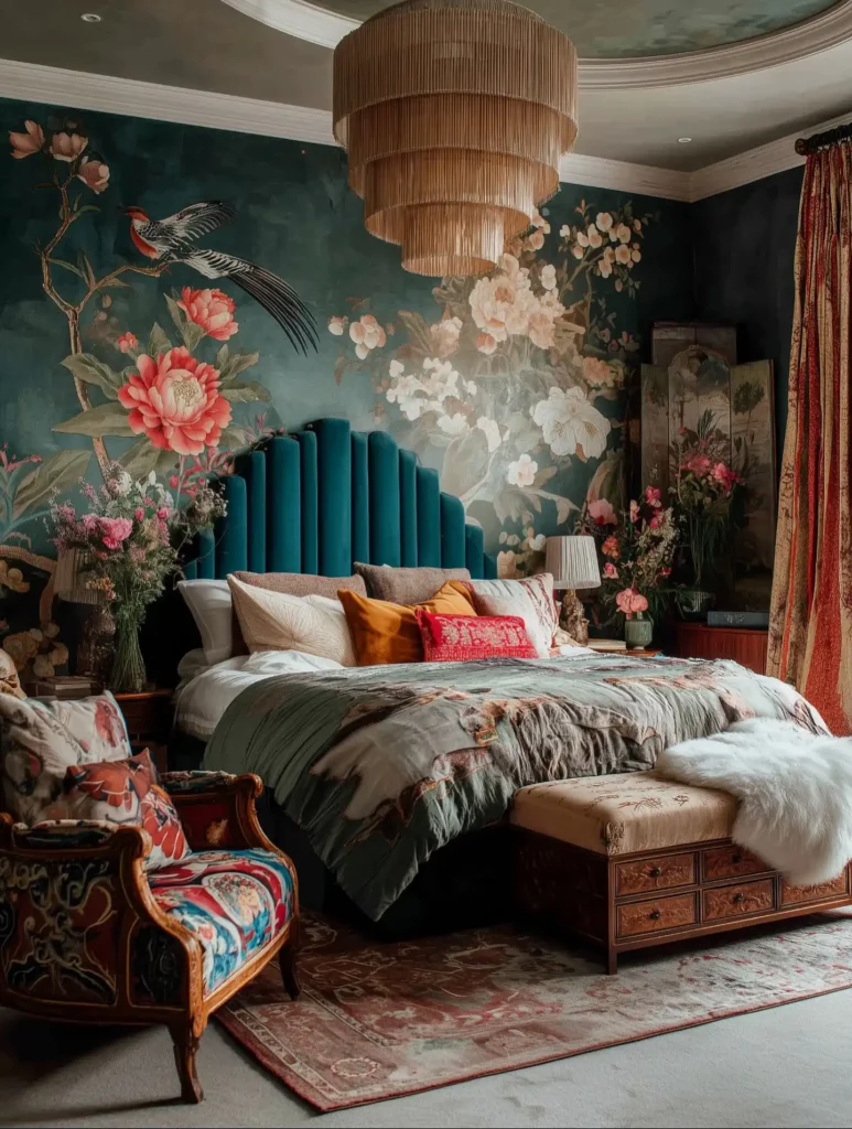 3. Botanical Mural and Fringe Chandelier Bedroom
