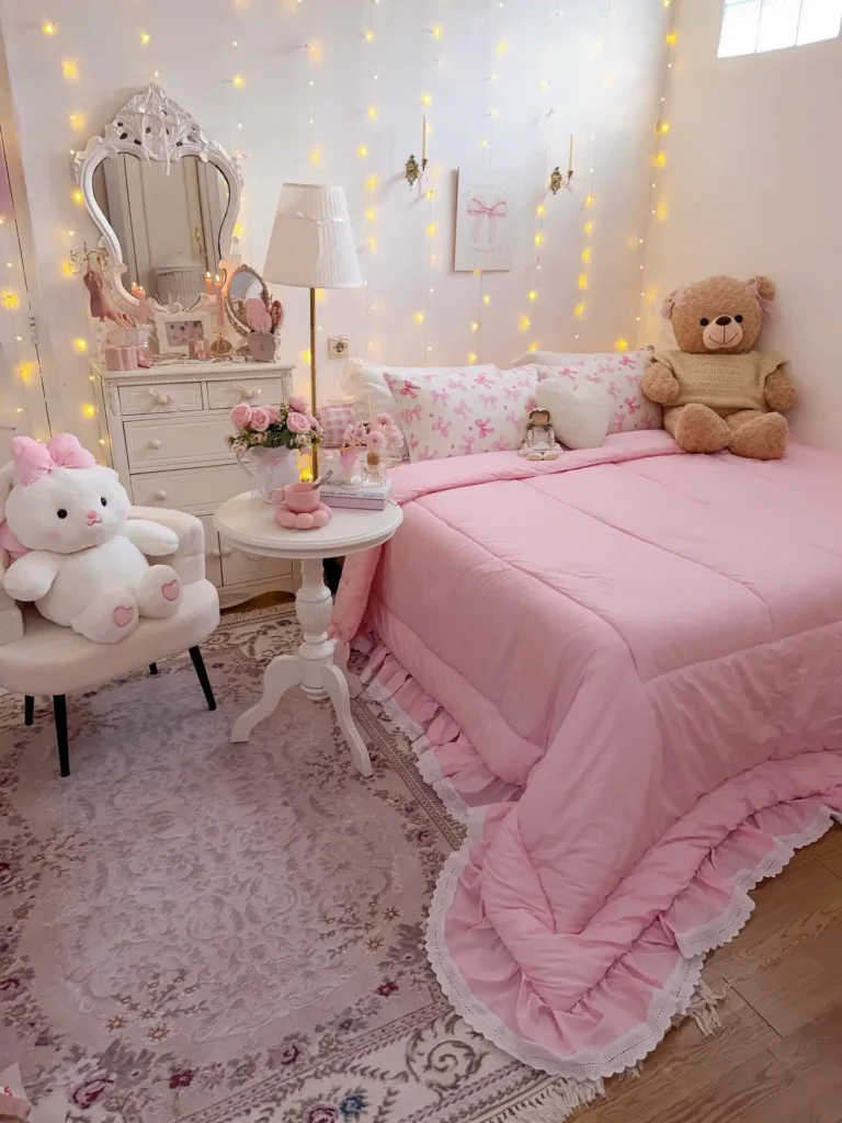 12 Teen Girl Bedroom Aesthetics to Copy You'll Love 4 3. Cozy Girly Bedroom with Fairy Lights