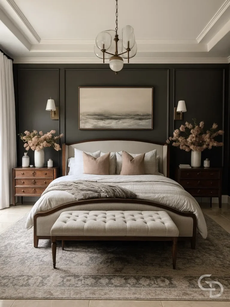 3. Dark Wall Bedroom with Symmetrical Nightstands