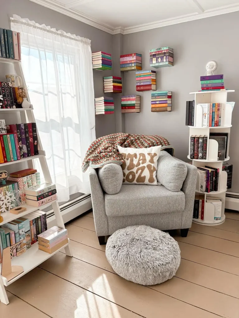 3. Floating Book Shelves with Grey Armchair