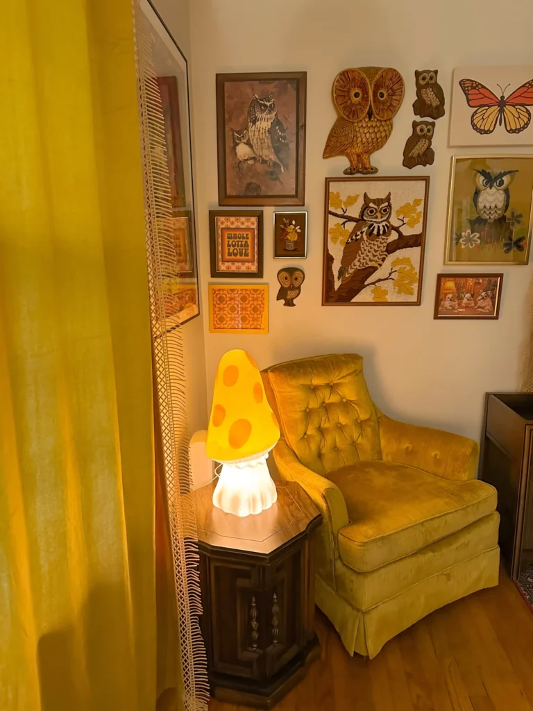 3. Mustard Velvet Chair with an Owl Gallery Wall