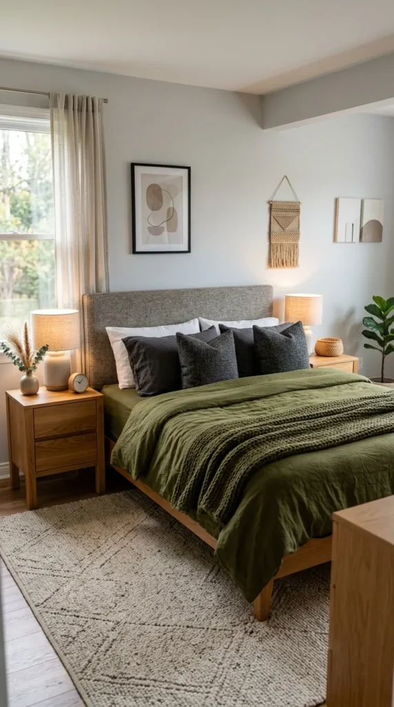 3. Olive and Grey Bedroom Ideas for Cozy Modern Spaces clean