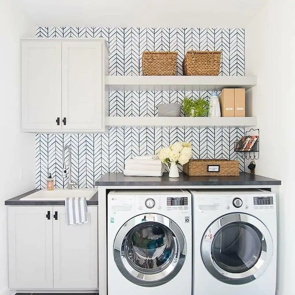 3. Open Shelving Above a Countertop Washer Dryer Set