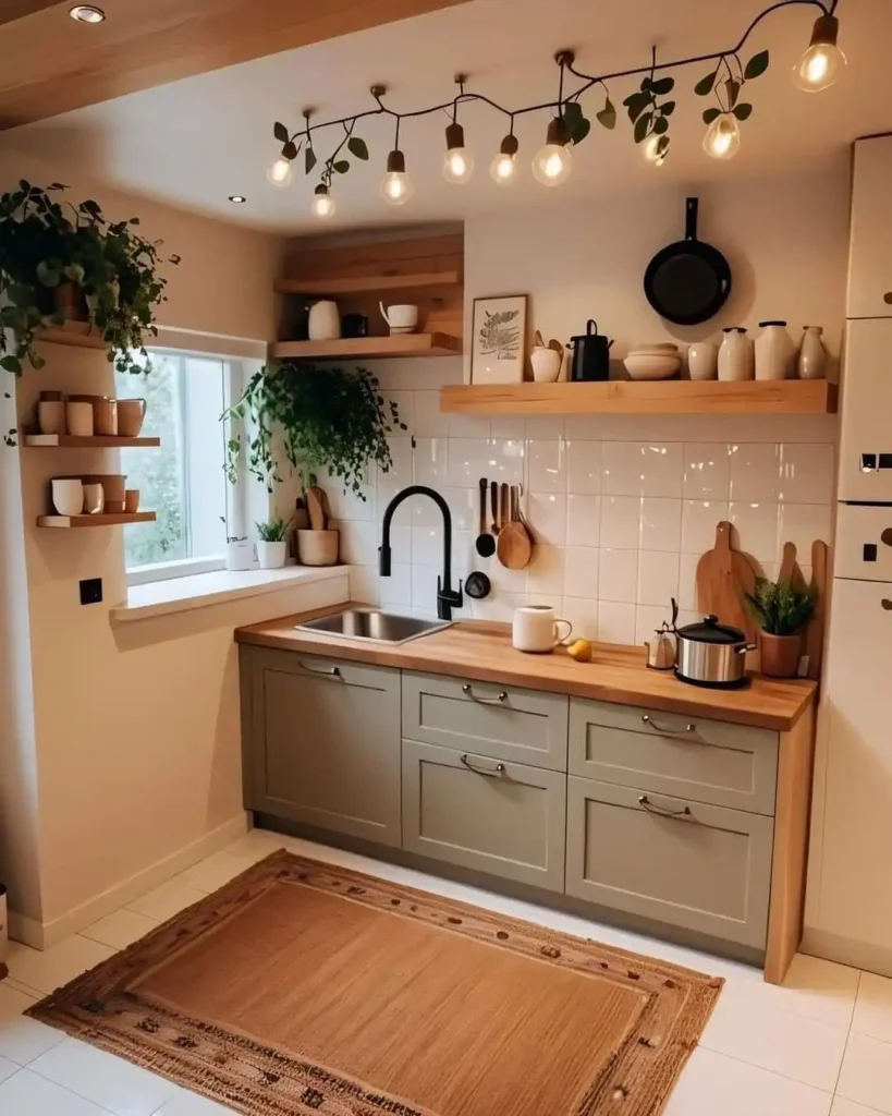 3. Sage Green Cabinets in a Cozy Nook