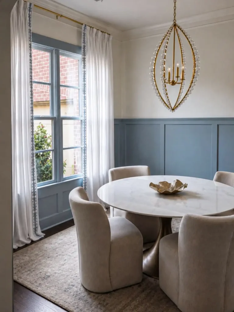 4. Blue Wainscoting Paired with a Marble Pedestal Table