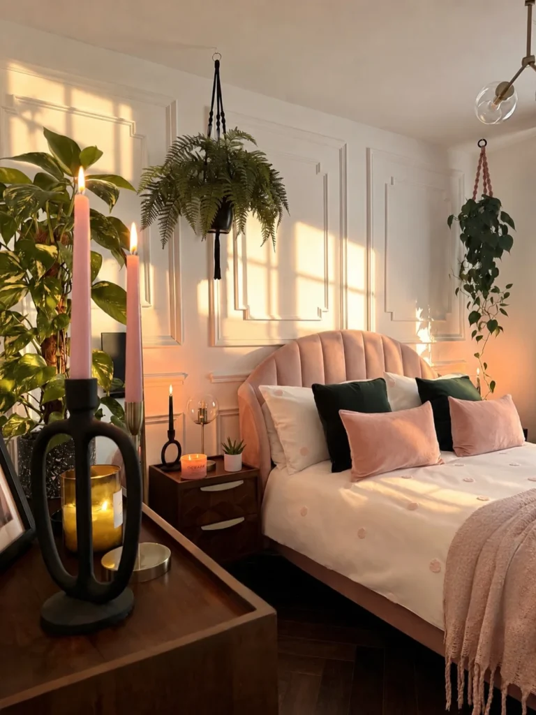4. Blush Velvet Headboard with Hanging Ferns