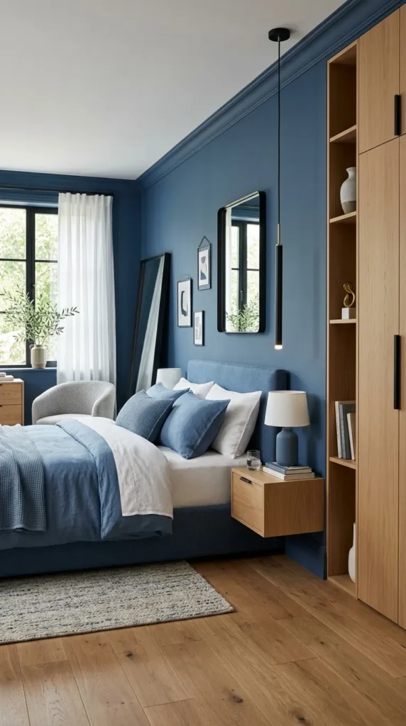 4. French Blue Bedroom With Bold Black Accents clean
