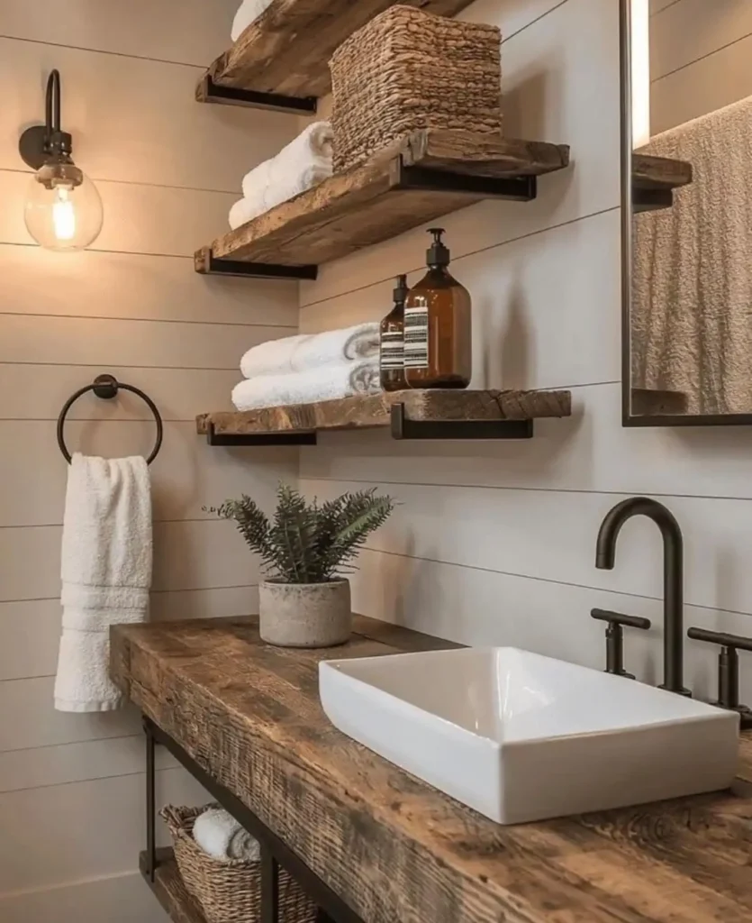 4. Reclaimed Wood Bathroom Vanity with Floating Shelves