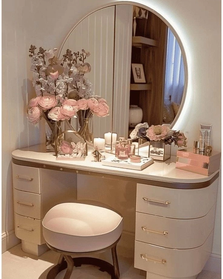4. Round Mirror Vanity with Soft Blooms