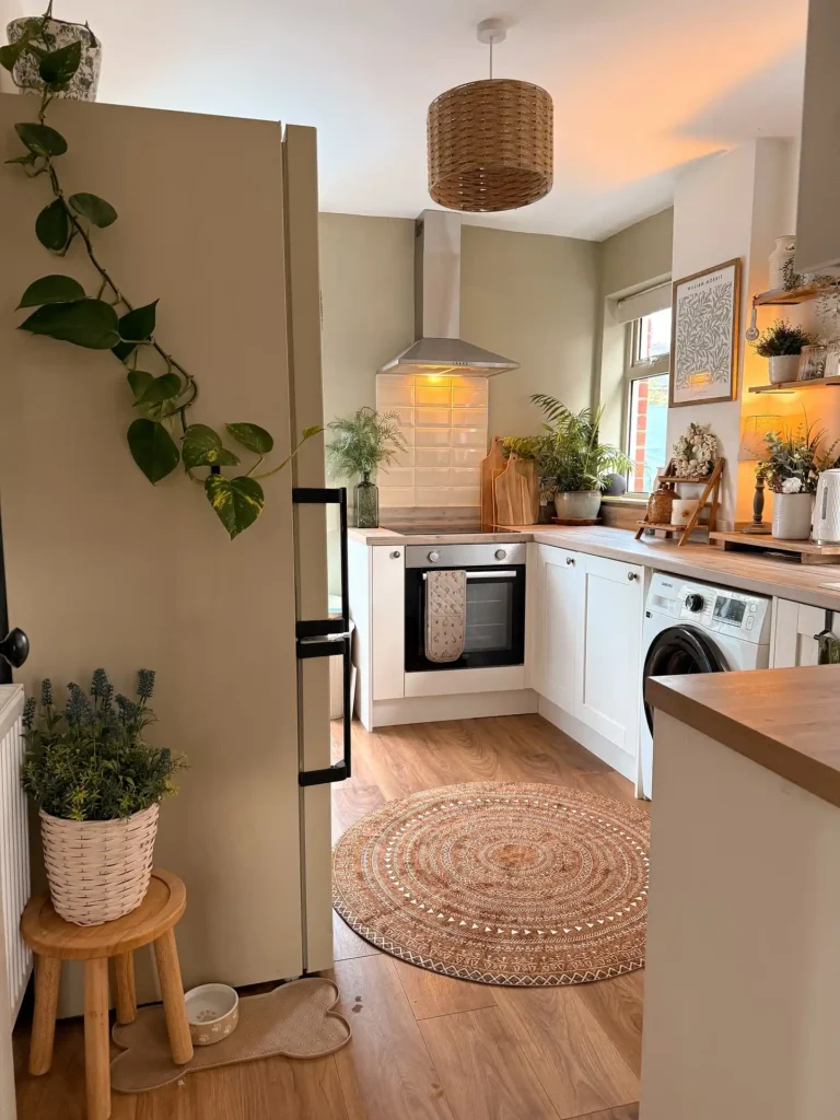 4. Round Rug in a Sage L Shaped Kitchen