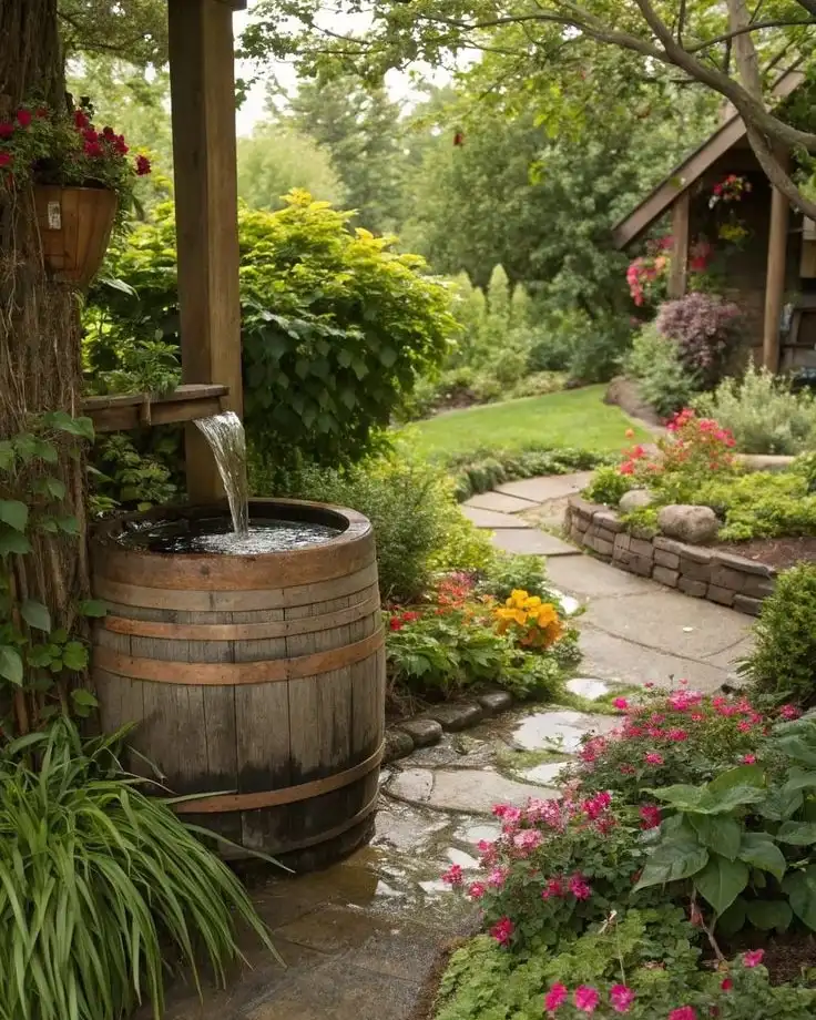 4. Rustic Wooden Barrel Waterfall